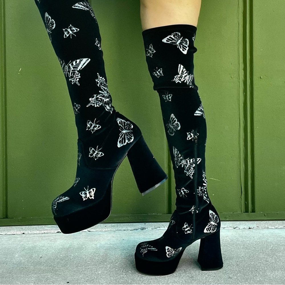 Black Velvet Legging Boots with Silver Butterfly Design